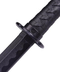 Close-up of a Dope Training Katana Sword For Martial Arts Practice, black handle and blade, safe blunt polypropylene.