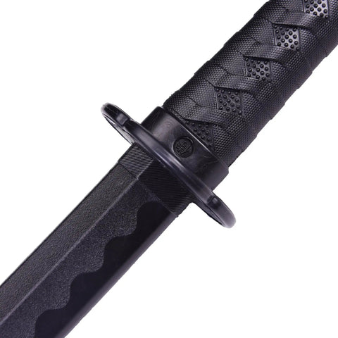 Close-up of a Dope Training Katana Sword For Martial Arts Practice, black handle and blade, safe blunt polypropylene.