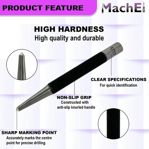 Close-up view of a single tool from the Set Of 5 Round Head Center Punches For Metal And Woodworking Projects with non-slip grip and metal tip.