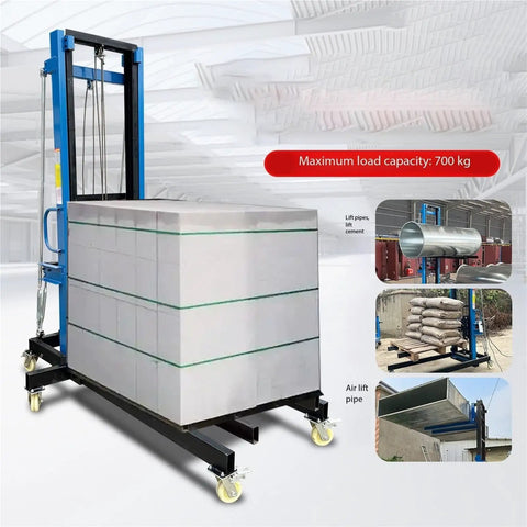 Portable Heavy Duty Mobile Lift Platform For Ventilation Duct Install And Brick Handling With Casters Raising Materials Up To 10 Feet. Heavy lift unit with materials loaded.