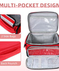 Front view of ALSLEA red first aid bag with multiple pockets and clear lid pocket, 12 x 9 x 7 inches