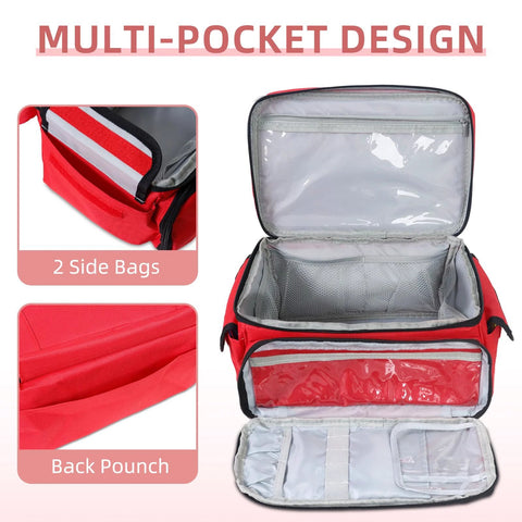 Front view of ALSLEA red first aid bag with multiple pockets and clear lid pocket, 12 x 9 x 7 inches