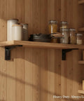 Kitchen shelf with heavy duty stainless steel triangular shelf brackets 2 pack, L shaped wall mount supports holding pans and jars.
