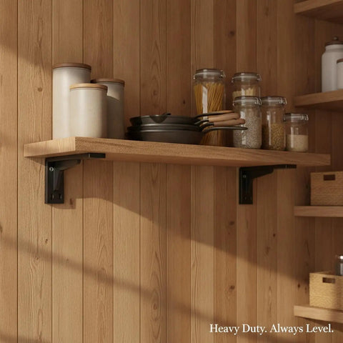 Kitchen shelf with heavy duty stainless steel triangular shelf brackets 2 pack, L shaped wall mount supports holding pans and jars.