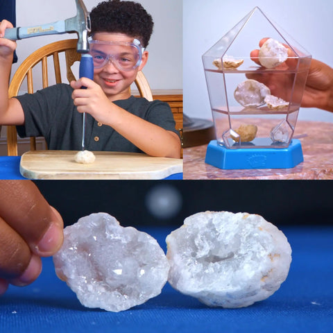 Real Break Open Crystal Geodes Kit With Display Case And Bonus Goggles And Magnifying Glass Companion Audio Content STEM Toy For Kids 6 Plus To Dig Explore Collect And Show Off Their Geode Finds.