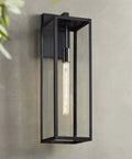 Modern Industrial Outdoor Wall Light Fixture In Mystic Black With 27 Inch Clear Glass Panels, side view, for exterior use