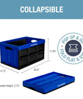 Collapsible Storage Bins 3 Pack 46L in Royal Blue, showing dimensions and folding feature, space-saving for home, office, dorm use.