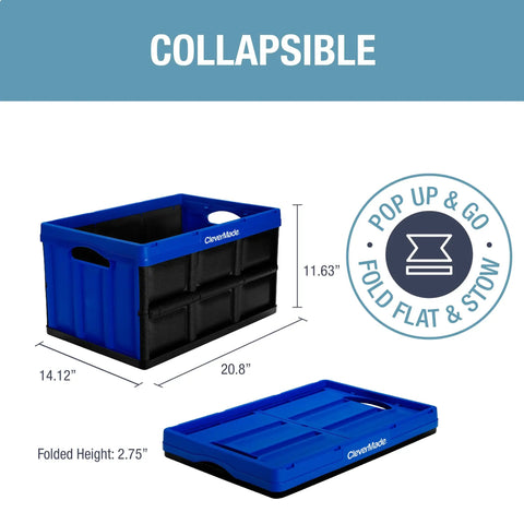 Collapsible Storage Bins 3 Pack 46L in Royal Blue, showing dimensions and folding feature, space-saving for home, office, dorm use.