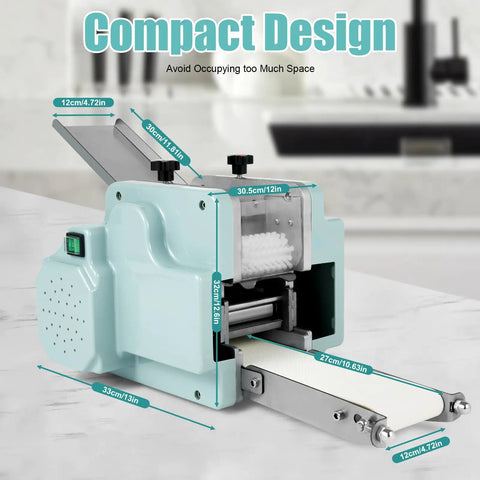 Automatic Commercial Dumpling Skin Maker Machine One Touch Operation Adjustable Thickness Knob shown in compact design with measurement markers.