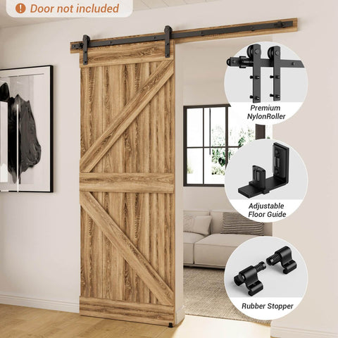 Built Tough 66 Inch Sliding Barn Door Hardware Kit With Five And A Half Foot Rail For Heavy Duty Aluminum Track System Adjustable U Shape Floor Guide Wall Mount Rail Splicing Track Kit Door Not Included Rust Resistant Coating installed view