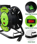 Heavy Duty Extension Cord Storage Reel With Four Grounded Outlets Pro Grade Portable Hand Crank Cord Roller For 12-3 14-3 16-3 Power Cords Open Reel Organizer Green with metal stand, plug connector, and lighted switch