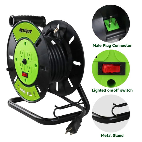 Heavy Duty Extension Cord Storage Reel With Four Grounded Outlets Pro Grade Portable Hand Crank Cord Roller For 12-3 14-3 16-3 Power Cords Open Reel Organizer Green with metal stand, plug connector, and lighted switch