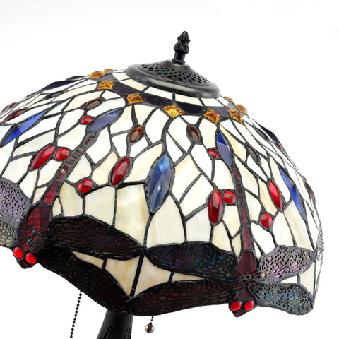 Close-up of stained glass shade on Vintage Tiffany Style Table Lamp With Red Dragonfly Stained Glass Shade 23 Inch High Two Light Bedside Lamp