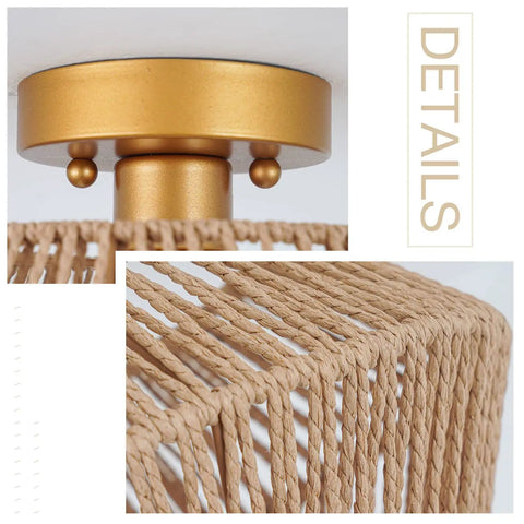 Close-up details of Boho Rattan Ceiling Light Fixture Flush Mount Handcrafted Woven Mini Chandelier With Gold Brass Brush Finish