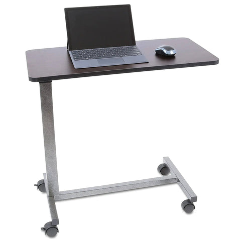 Rolling Overbed Table With Wheels For Bedside, Sofa Or Recliner Adjustable Height Laptop Desk with walnut top and locking casters