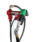 Heavy Duty 12V Fuel Transfer Pump With 20 GPM Flow Rate Cast Iron Construction showing red body and green nozzle, suitable for diesel and gasoline.