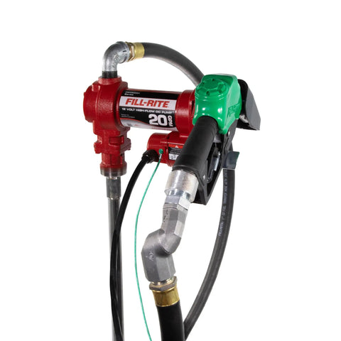 Heavy Duty 12V Fuel Transfer Pump With 20 GPM Flow Rate Cast Iron Construction showing red body and green nozzle, suitable for diesel and gasoline.
