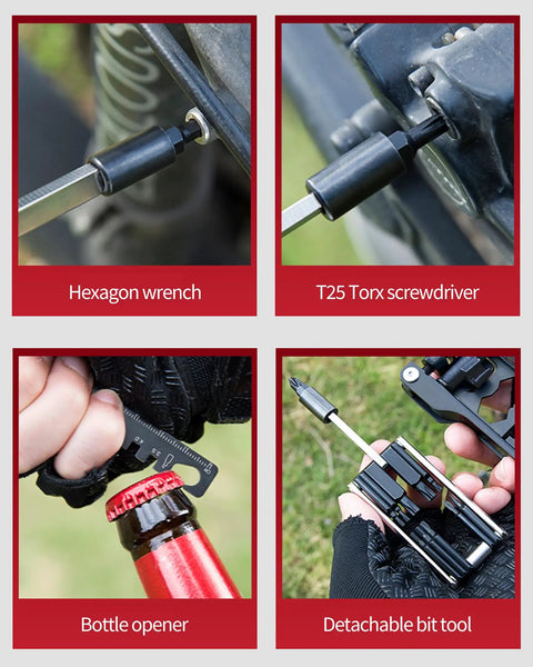 38 In 1 Bike Repair Kit with chain levers, hex wrench, T25 Torx, bottle opener, and detachable bit tool for on-the-go maintenance.