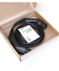 Heavy Duty Electric Vehicle Charger Cable Type 2 To Type 1 Plug 32 Amp in a box with user manual and bubble wrap.