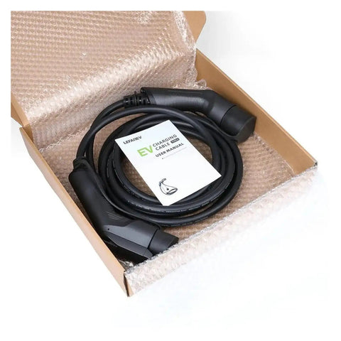 Heavy Duty Electric Vehicle Charger Cable Type 2 To Type 1 Plug 32 Amp in a box with user manual and bubble wrap.