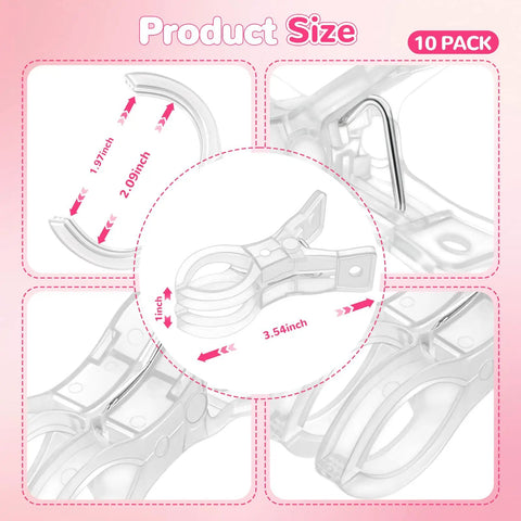 10 Pack Transparent Balloon Arch Clips 3.5 Inch Heavy Duty Spring Clamps for Backdrop Stands product size infographic