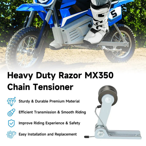 Heavy Duty Razor MX350 Chain Tensioner on dirt bike with features listed
