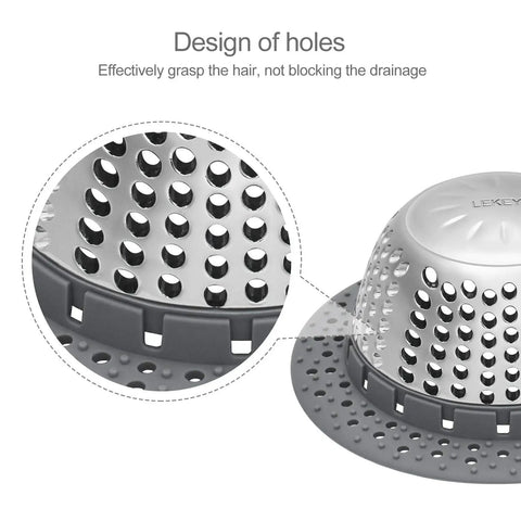 Close-up of Hair Catcher For Tub And Shower Drains, Dome Shaped Drain Protector, stainless steel holes, silicone rim detail.
