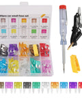 Top Shelf Car Fuse Assortment Kit With 120 Pieces features colorful mini blade fuses, a tester, and extractor tool in a clear plastic case.