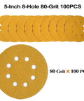 5-Inch 80-Grit Hook And Loop Sanding Discs, 8-Hole For Random Orbit Sanders, 100-Pack, displayed in a fanned arrangement