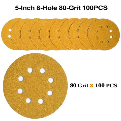 5-Inch 80-Grit Hook And Loop Sanding Discs, 8-Hole For Random Orbit Sanders, 100-Pack, displayed in a fanned arrangement