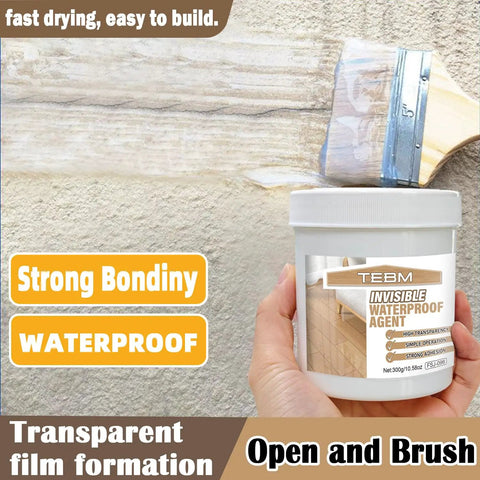 Top Shelf Transparent Waterproof Sealant And Coating For Roofs Floors Windows Heavy Duty Invisible Leak Fix On Concrete Wood Indoors Or Outdoors All Weather No Sweat Water Based Formula applied with brush on wall