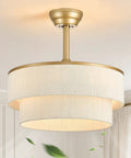 Boho Fandelier Ceiling Fan with Light, Gold Chandelier Fan and Remote, featuring white fabric shade and gold fittings.