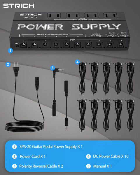 Ten Independent DC Outputs Guitar Pedal Power Supply For Effects with cords and cables; isolated rails for pedalboard.