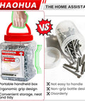 One And A Quarter Inch Pocket Hole Screws Set, 1200 Pcs, portable box with ergonomic grip vs open bottle spilling screws
