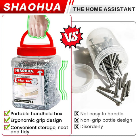 One And A Quarter Inch Pocket Hole Screws Set, 1200 Pcs, portable box with ergonomic grip vs open bottle spilling screws
