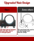 Comparison of exhaust hanger clamp designs, showing upgraded nut spacing on 2.5 inch Heavy Duty Exhaust Hanger Clamp On Universal Fit