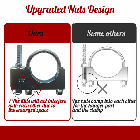 Comparison of exhaust hanger clamp designs, showing upgraded nut spacing on 2.5 inch Heavy Duty Exhaust Hanger Clamp On Universal Fit