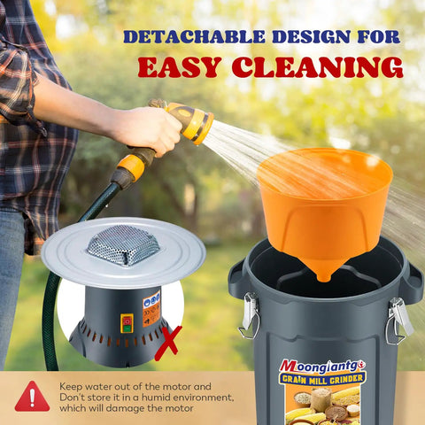 Person cleaning orange hopper of Powerful 1300W Grain Mill Grinder Electric Corn Grinder with 6.6 Gallon Bucket and 110V, easy cleaning