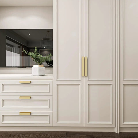 Cabinet with 10 Pack Gold Cabinet Handles And Finger Pulls, 7 9/16 Inch Edge Pulls For Cabinets, Sleek Modern Finish