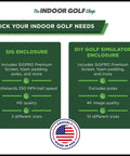 Comparison chart of SIG Enclosure and DIY Golf Simulator Enclosure with USA made label, The Indoor Golf Shop.