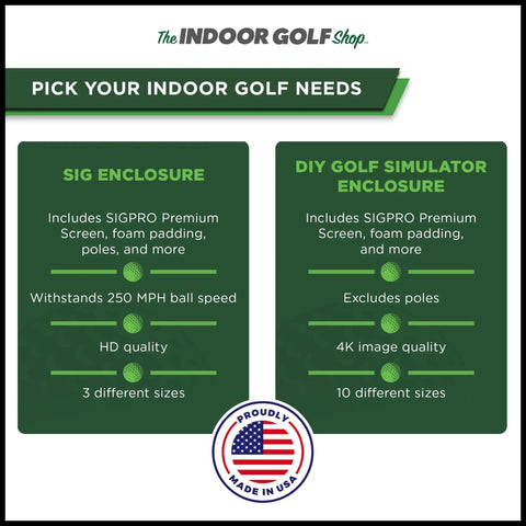 Comparison chart of SIG Enclosure and DIY Golf Simulator Enclosure with USA made label, The Indoor Golf Shop.