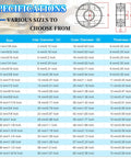Specifications chart for various split shaft collar sizes, showing inter diameters, outer diameters, and thickness options.