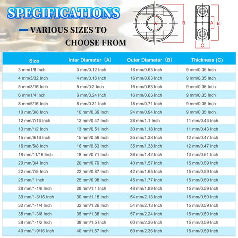 Specifications chart for various sizes of double split shaft collars, including diameters and thickness, for mechanical applications.