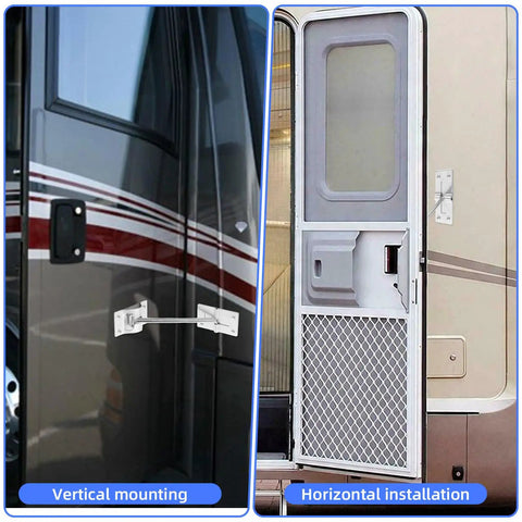 Rugged 6 Inch RV Door Latch Kit With T Style Trailer Door Holder shown on vertical and horizontal RV doors