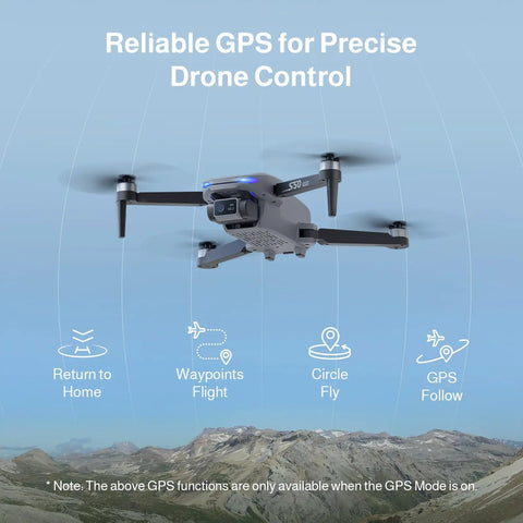 Dope 4K Camera Drone With GPS For Beginners And Pros showcasing GPS features above mountains, including Return to Home and Circle Fly modes