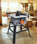 Heavy Duty 10 Inch Table Saw With 15 Amp Motor Delivers 5000 RPM Power For Ripping Through Hardwood And Pressure Treated Lumber in workshop.