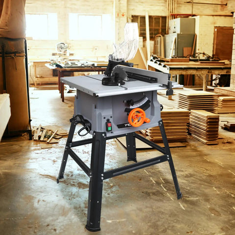Heavy Duty 10 Inch Table Saw With 15 Amp Motor Delivers 5000 RPM Power For Ripping Through Hardwood And Pressure Treated Lumber in workshop.