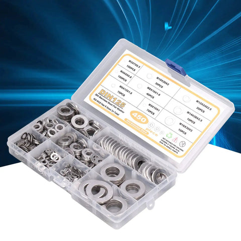 450Pcs Flat Washer Assortment Kit 304 Stainless Steel Washers M3 Through M16 in One Handy Set Rust Resistant for Automotive Electrical Marine DIY Projects and Heavy Duty Hardware Tasks