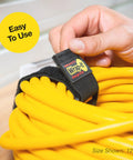 Assorted Twelve Pack Elastic Cinch Straps For Cords, Hoses, Ropes And Cables securing yellow extension cord, size 12 in.