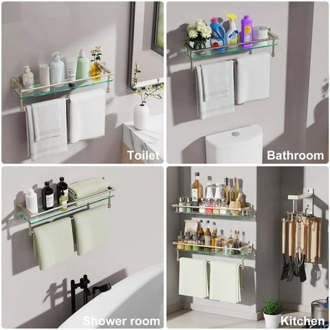 Various uses of Brushed Nickel 20 Inch Glass Bathroom Shelf With Towel Bar installed in toilet, bathroom, shower room, and kitchen.